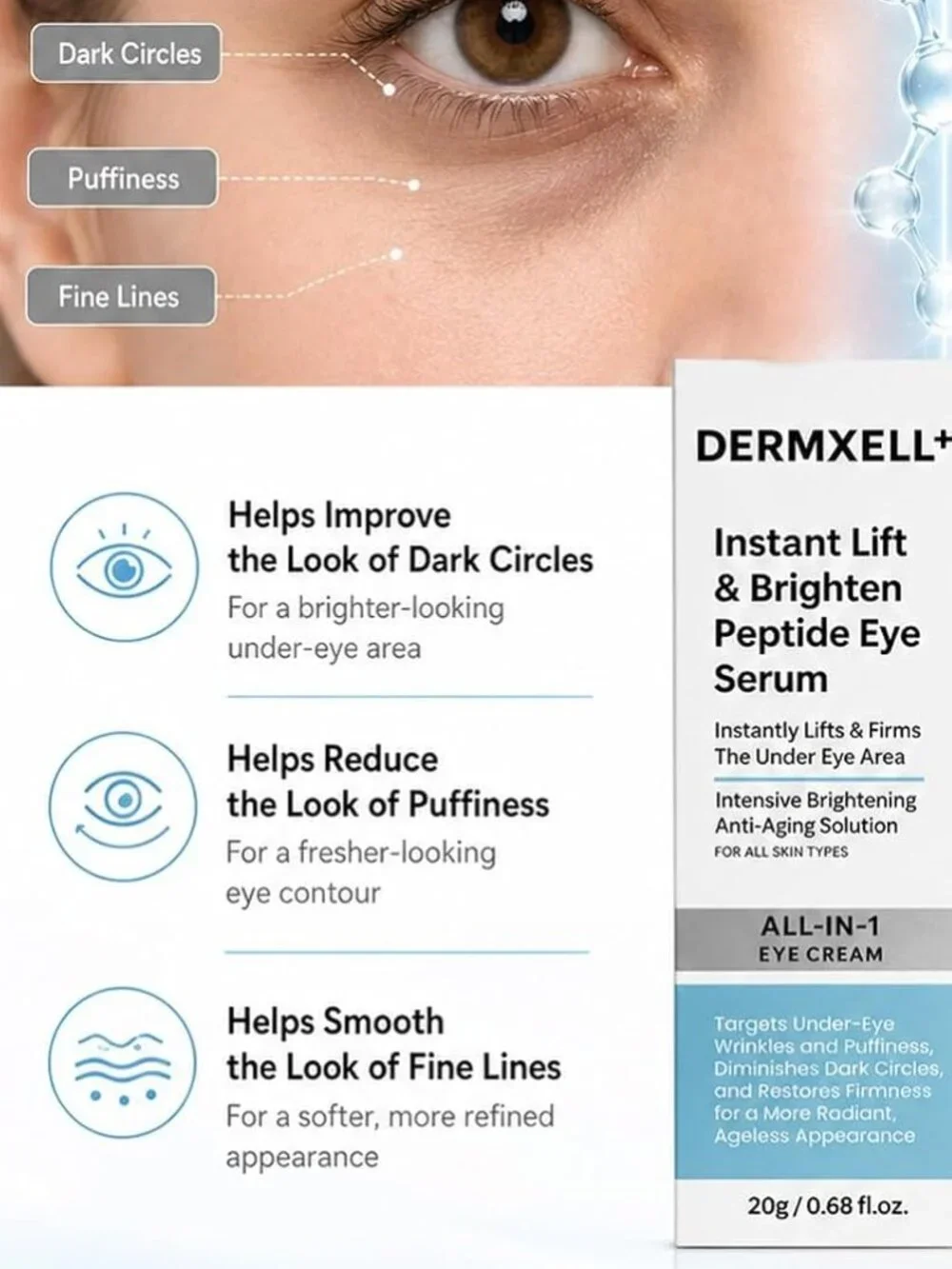 DERMXELL Instant Lift & Brighten Peptide Eye Serum – Undereye Treatment